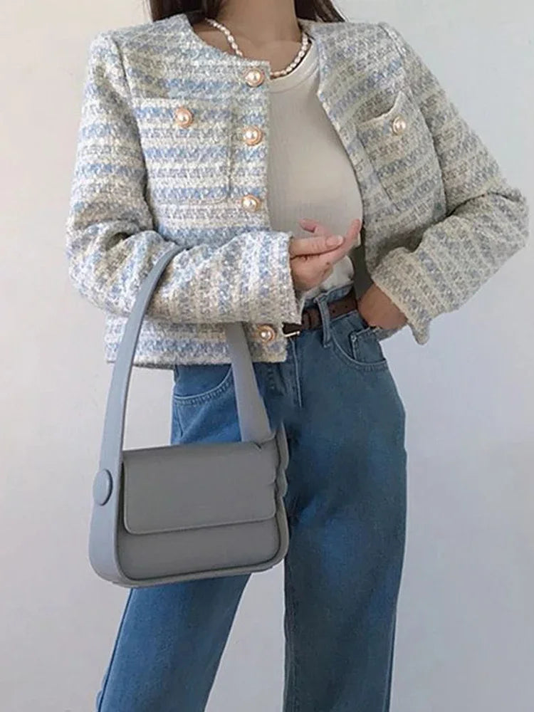 Cardigã Curto em Tweed com Bolso