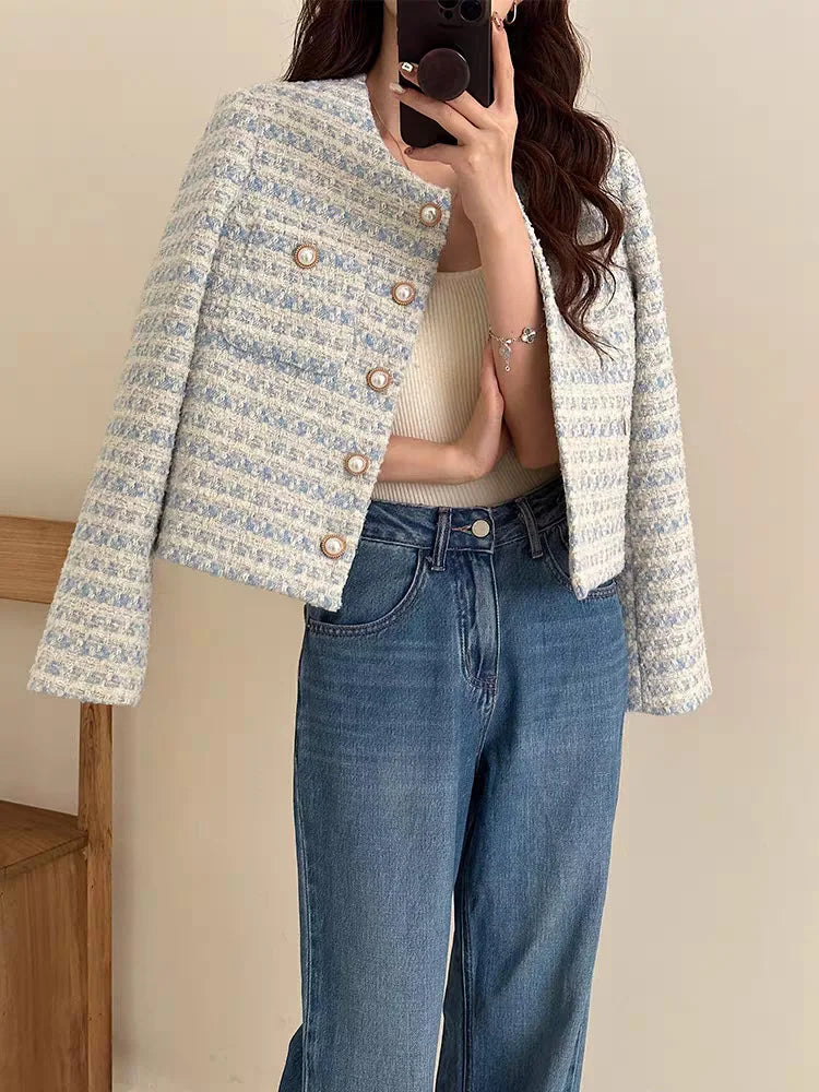 Cardigã Curto em Tweed com Bolso