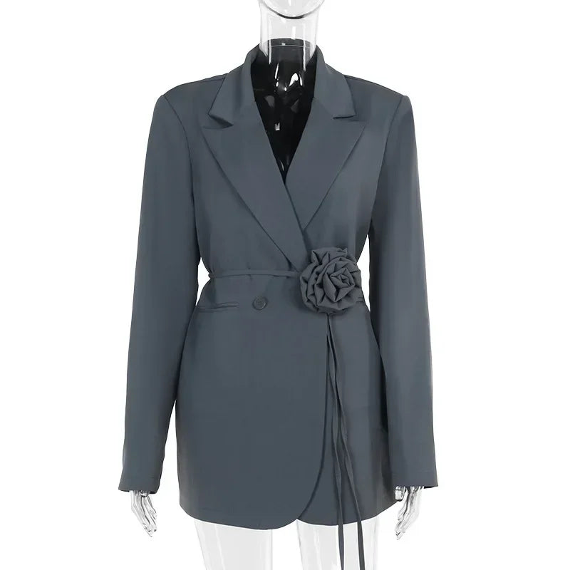 Women's Blazer with Flower Belt and Pockets