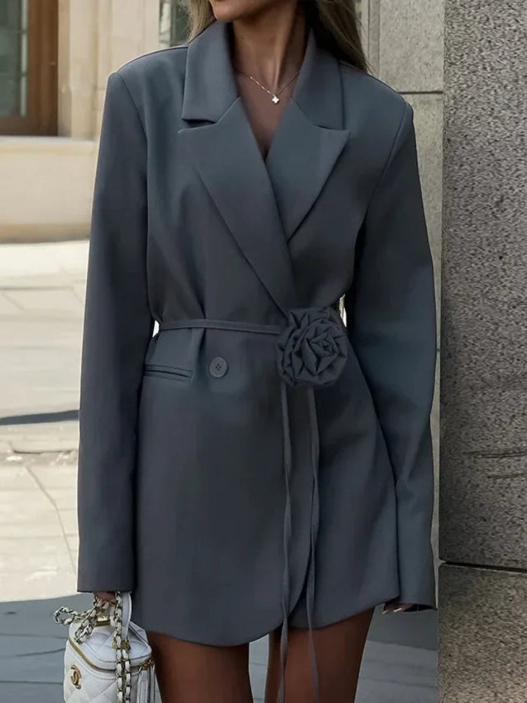 Women's Blazer with Flower Belt and Pockets