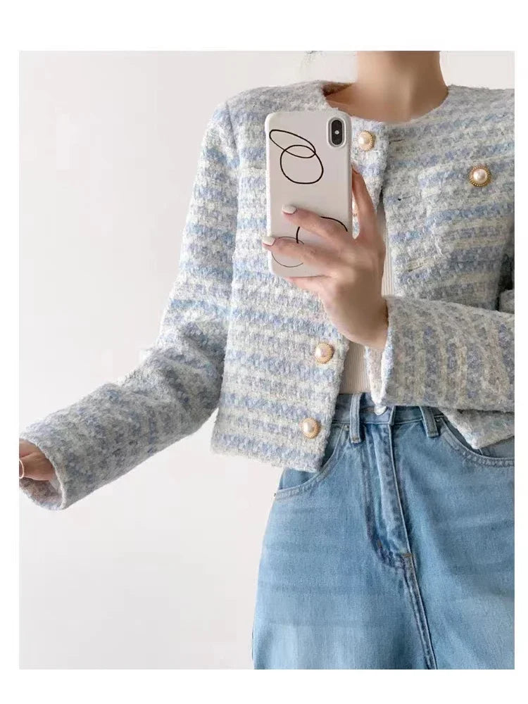 Cardigã Curto em Tweed com Bolso