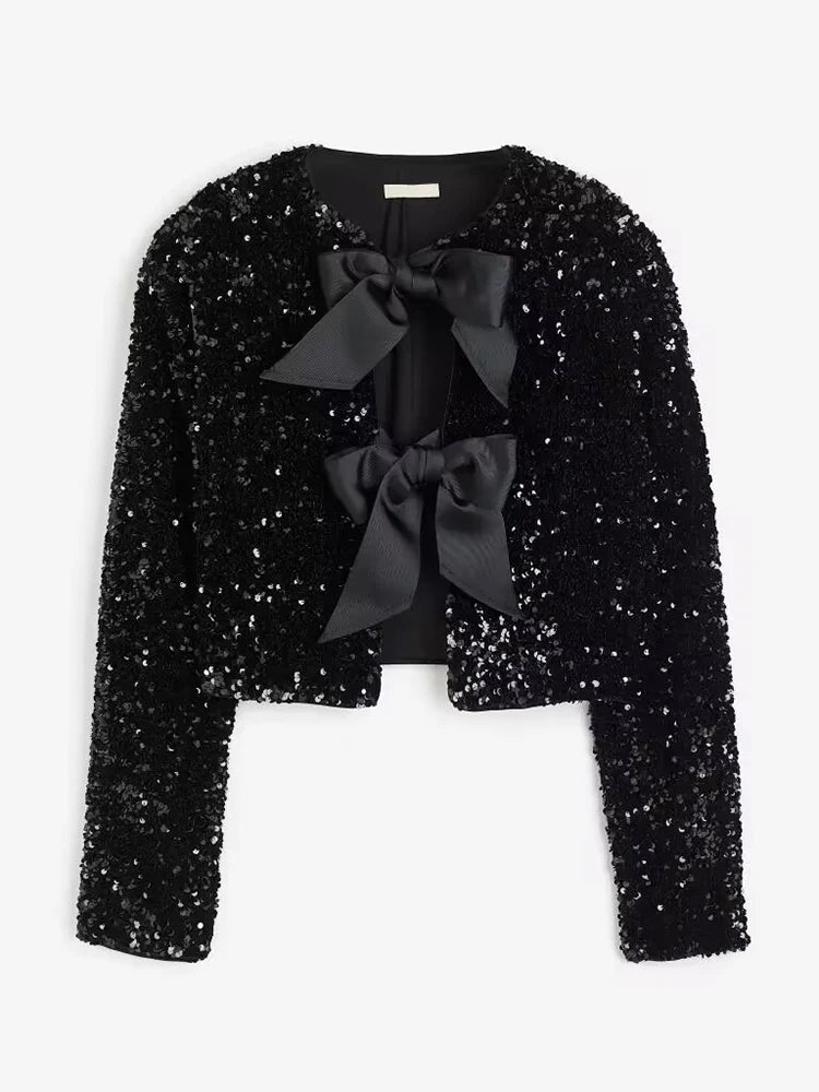 Blusa Cropped com Lantejoulas e Detalhe de Laços