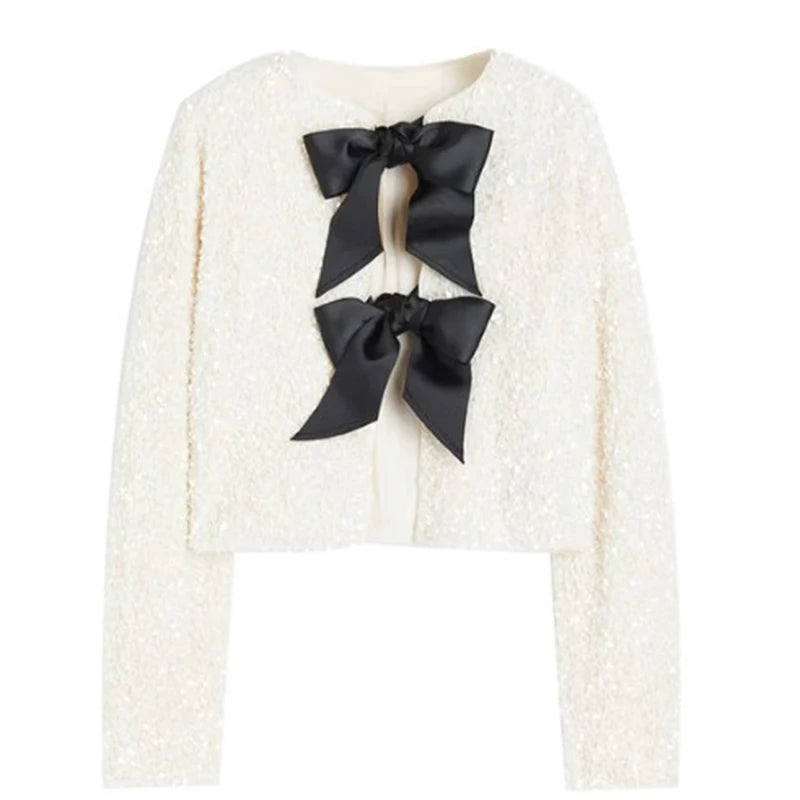 Blusa Cropped com Lantejoulas e Detalhe de Laços