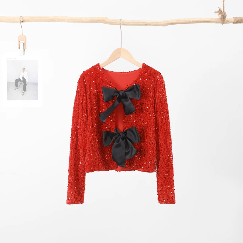 Blusa Cropped com Lantejoulas e Detalhe de Laços