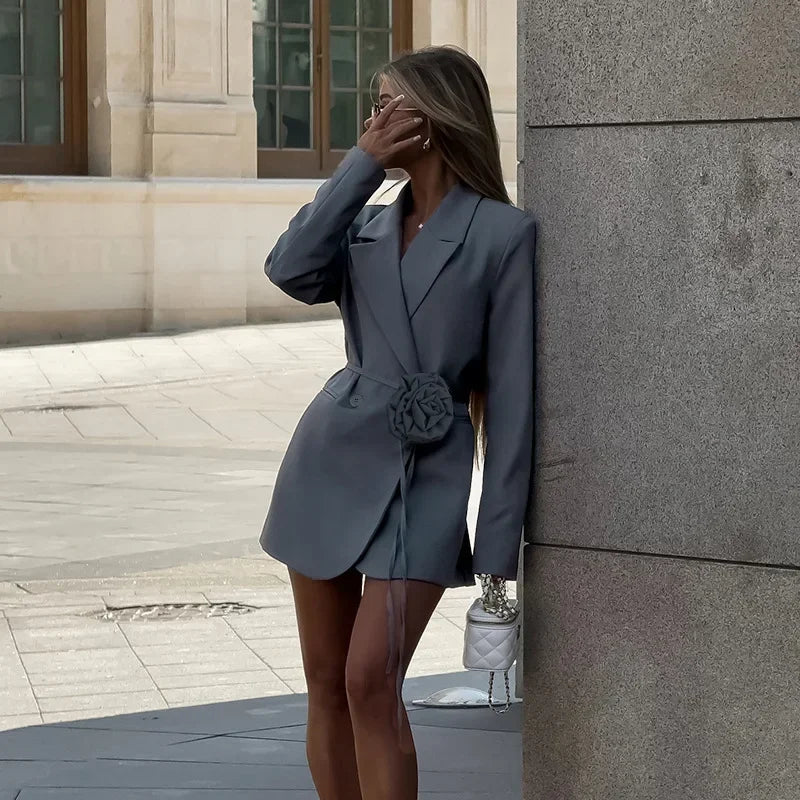 Women's Blazer with Flower Belt and Pockets