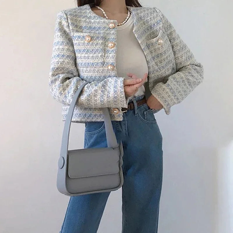 Cardigã Curto em Tweed com Bolso