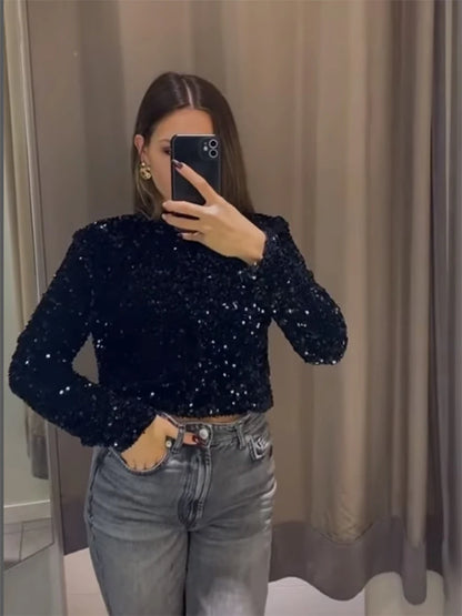 Blusa Cropped com Lantejoulas e Detalhe de Laços