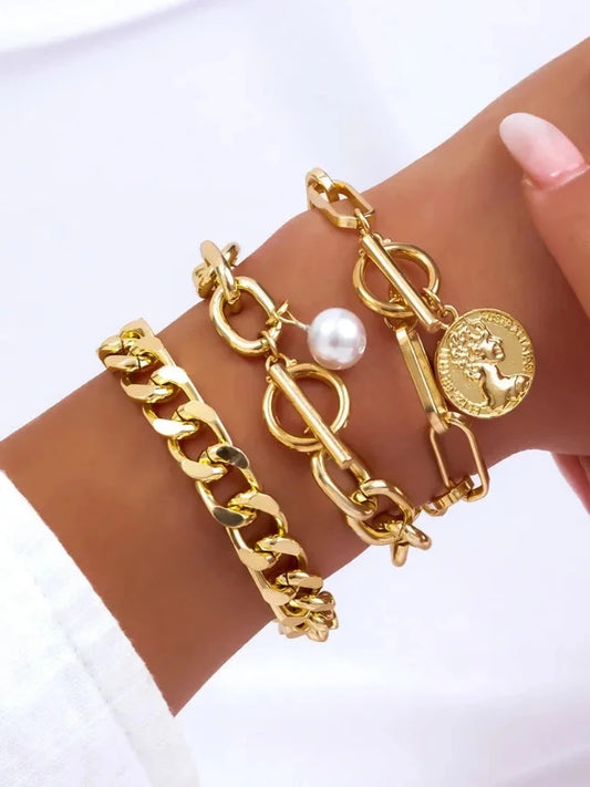 Imitation Pearl and Crystal Bracelet Set with Stainless Steel Heart