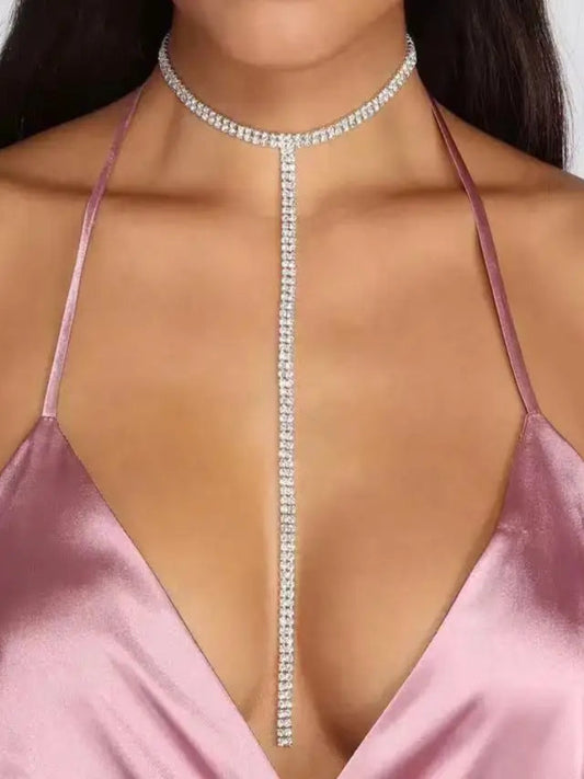 Crystal Statement Necklace - Long Choker with Rhinestone Fringes