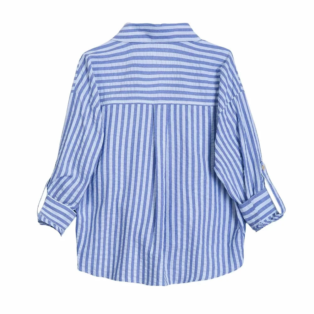 Camisa Casual a Rayas con Cuello de Solapa - Mangas Largas y Detalle de Botones